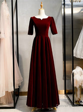 A-Line Dark Burgundy Velvet Short Sleeve Prom Dress